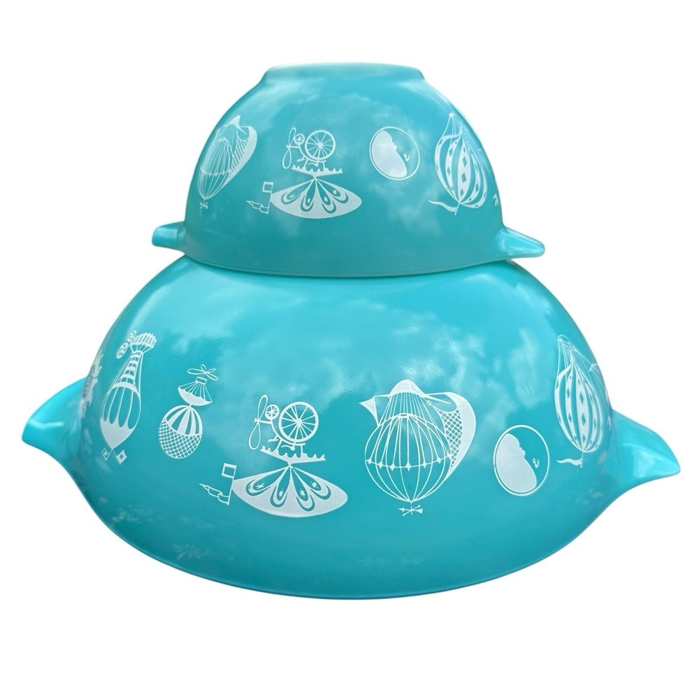 Vintage Pyrex Turquoise Hot Air Balloons Chip & Dip Cinderella Bowl Set 444/441